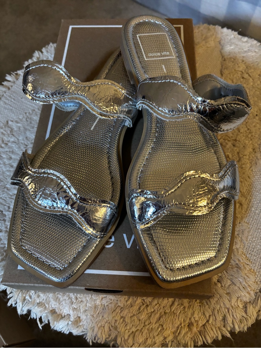 Dolce Vita Metallic Silver Wavy Strap Slide Sandals